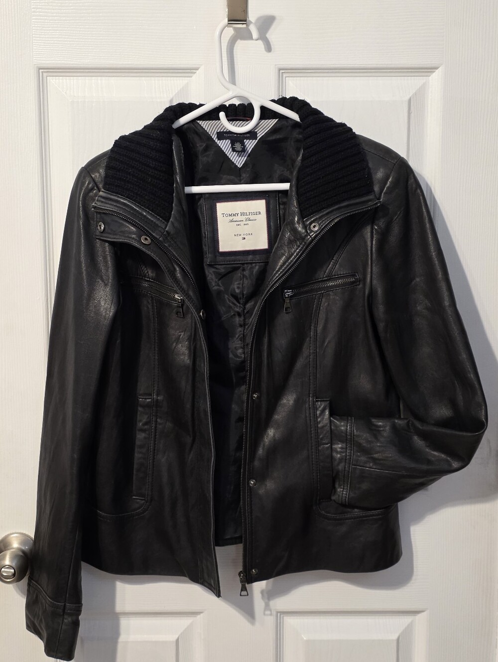 Tommy Hilfiger American Classics Black Leather Jacket With Ribbed Knit Collar L